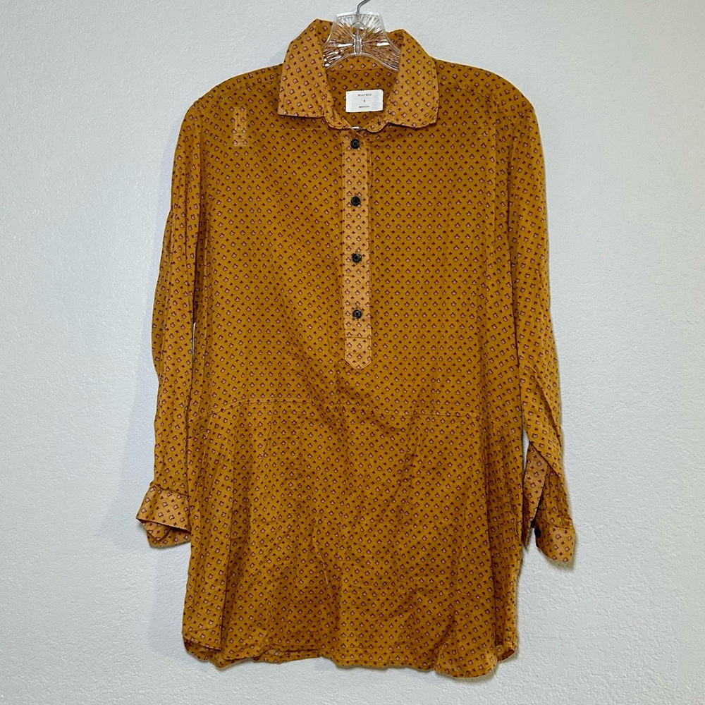 Billy Reid Mustard Patterned Blouse women’s small fall boho 100% cotton career‎